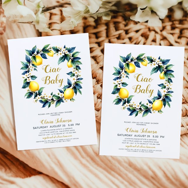 Ciao Baby Lemon Wreath Amalfi Citrus Baby Shower  Invitation (Creator Uploaded)