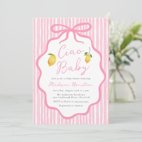 Ciao Baby Pink Italian Lemon Baby Shower Invitation