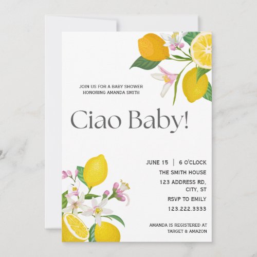 Ciao Baby Pretty Italian Lemons and Flowers Invitation