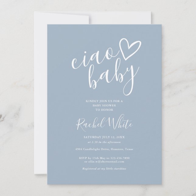 Ciao Baby Shower Heart Dusty Blue Minimalist Invitation (Front)
