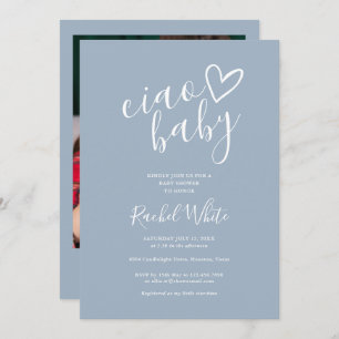 Ciao Baby Shower Heart Dusty Blue Minimalist Photo Invitation