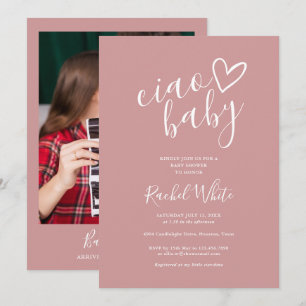 Ciao Baby Shower Heart Dusty Rose Pink Photo Invitation