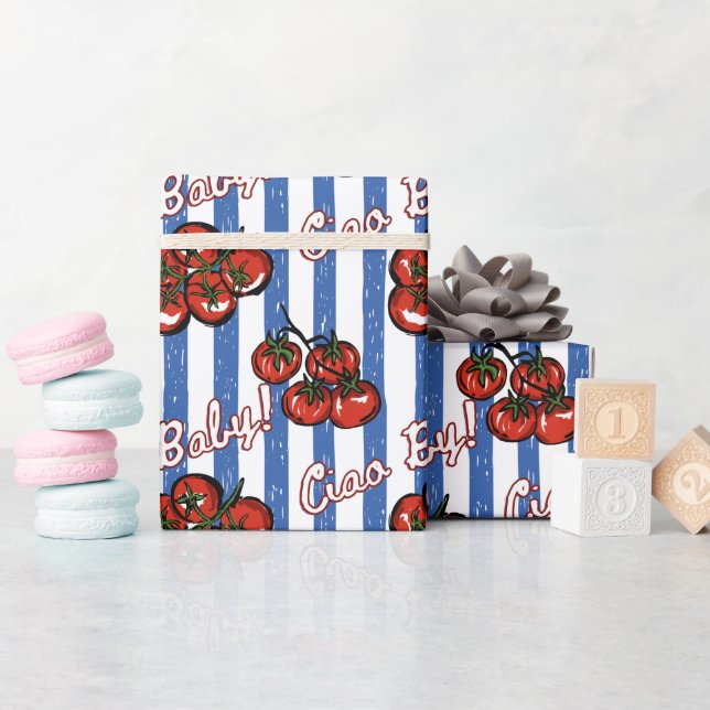Ciao baby tomato blue Italian baby shower Wrapping Paper (Baby Shower)
