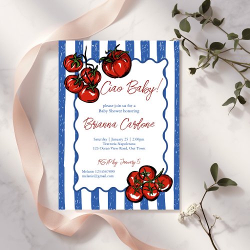 Ciao baby tomato blue stripes Italian baby shower Invitation