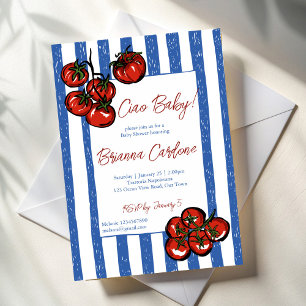 Ciao baby tomato blue stripes Italian baby shower Invitation