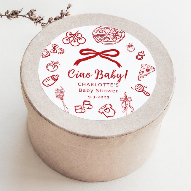 Ciao Baby Whimsical Red Bow Baby Shower Classic Round Sticker (Creator Uploaded)