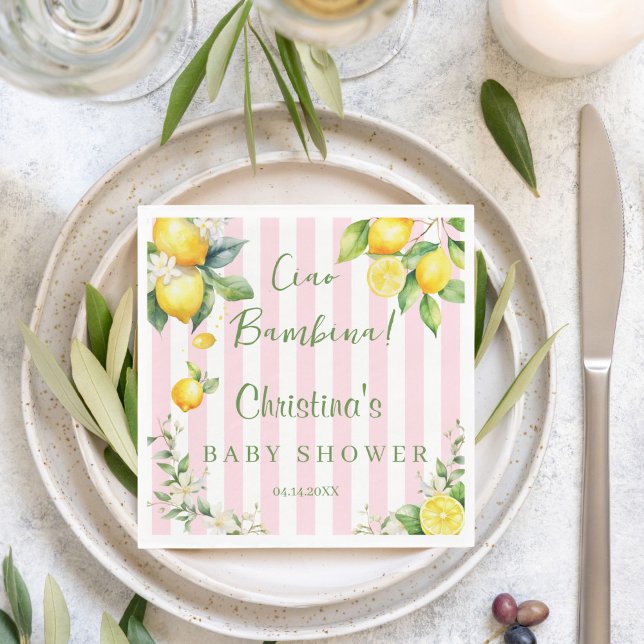 Ciao Bambina Baby Shower Pink Citrus Lemon Napkins (Ciao Bambina Baby Shower Pink Citrus Napkin)