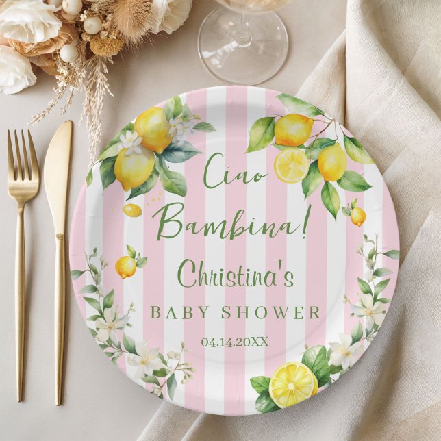 Ciao Bambina Baby Shower Pink Lemon Paper Plate (Ciao Bambina Baby Shower Pink Citrus Paper plates)