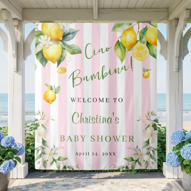 Ciao Bambina Baby Shower Pink Lemons Backdrop (Cuao Bambina Baby shower Pink Stripe and citrus lemon backdrop)