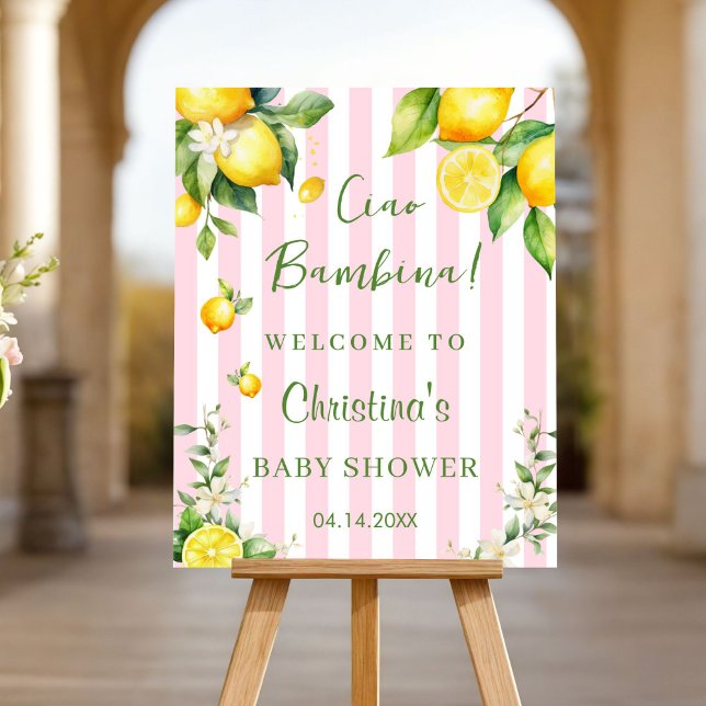 Ciao Bambina Baby Shower Welcome Sign Boards (Ciao Bambina Pink Citrus lemons Baby shower welcome sign)