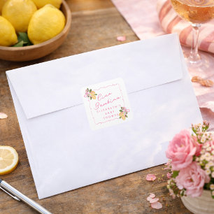 Ciao Bambina Pink Ribbon Yellow Lemon Baby Shower Square Sticker