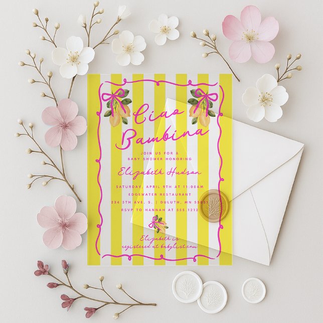 Ciao Bambina Yellow Stripes Baby Shower Acrylic Invitations (Ciao Bambina Yellow Stripes Baby Shower Acrylic Invitations)