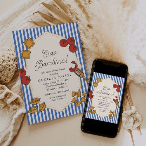 Ciao Bambino Blue Italian Pasta Baby Shower Invitation