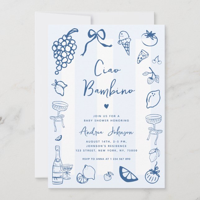 Ciao Bambino Fun Italian Hand Drawn Baby Shower Invitation (Front)