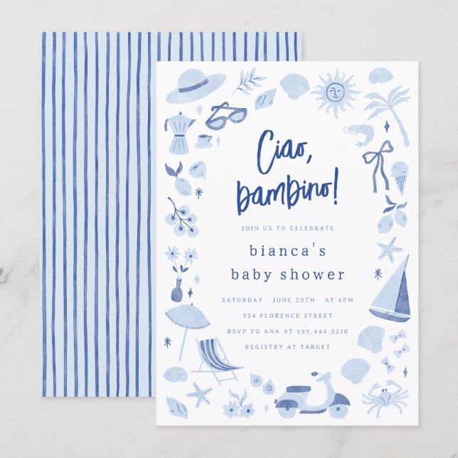 Ciao Bambino Italian Blue Boy Baby Shower Invitation (Front/Back)