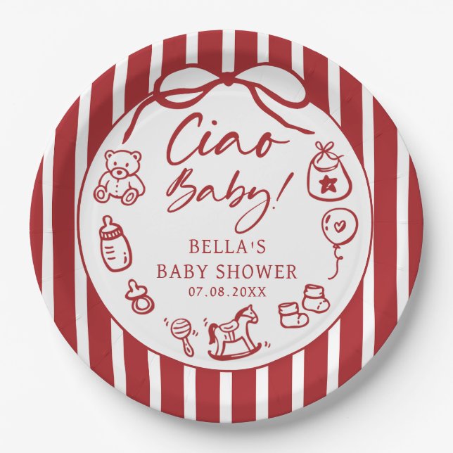 Ciao Bambino Italian Illustrated Baby Shower Paper Plates (Front)