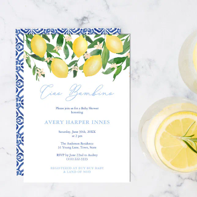 Ciao Bambino Italian Lemons Boy Baby Shower Party Invitation | Zazzle