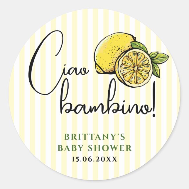 Ciao Bambino Lemon Italian Summer Baby Shower Classic Round Sticker (Front)