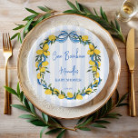 Ciao bambino lemons Italian baby shower custom Paper Plates<br><div class="desc">Ciao Bambino Lemons blue bow ribbon Italian baby shower monogrammed paper plates,   citrus lemons blue and yellow baby shower personalized printed paper plates; Italian baby shower personalized table decor</div>