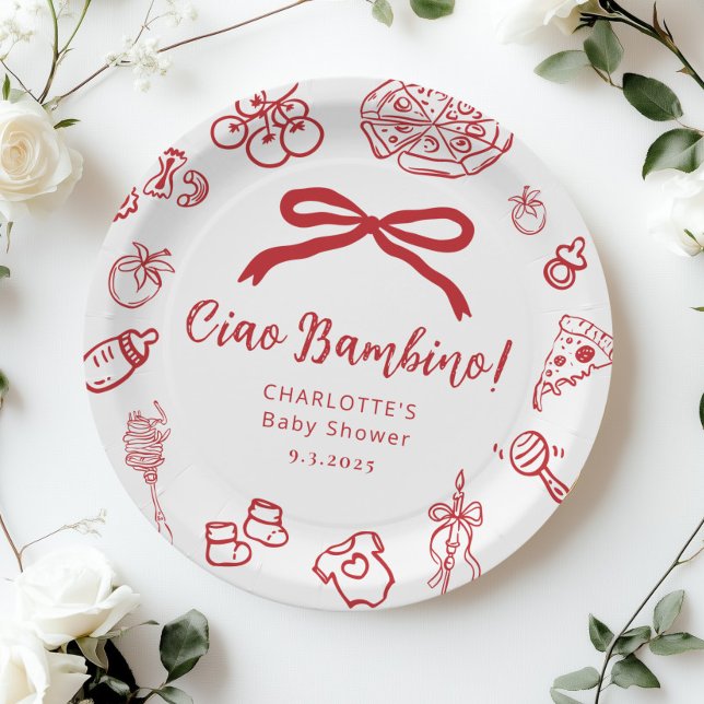 Ciao Bambino Pizza Whimsical Bow Baby Shower Paper Plates (Creator Uploaded)