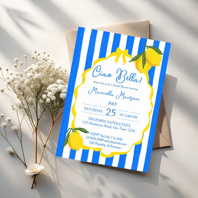 Ciao bella blue stripes lemons bridal shower invitation (Ciao bella blue stripes wavy border lemons quirky Italian bridal shower invitation template)