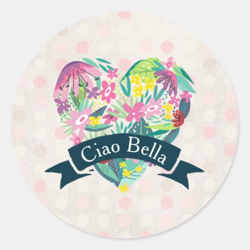 Ciao Bella Cute Floral Heart on Pink Circles Classic Round Sticker