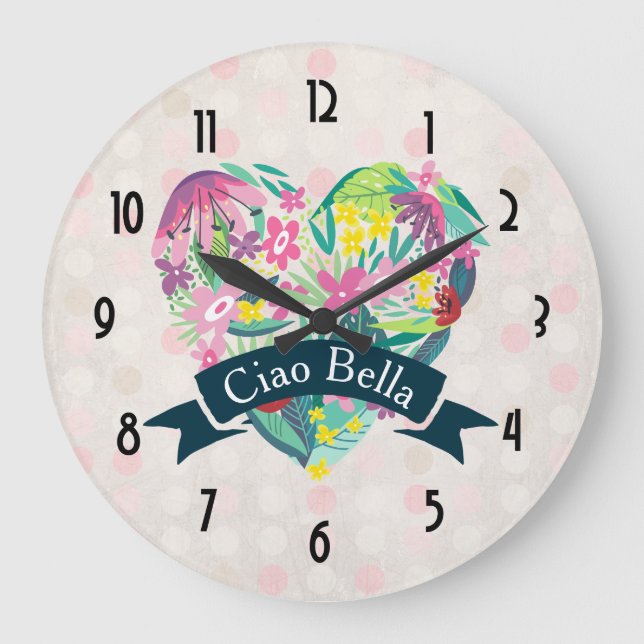 Ciao Bella Cute Floral Heart on Pink Circles Large Clock (Front)