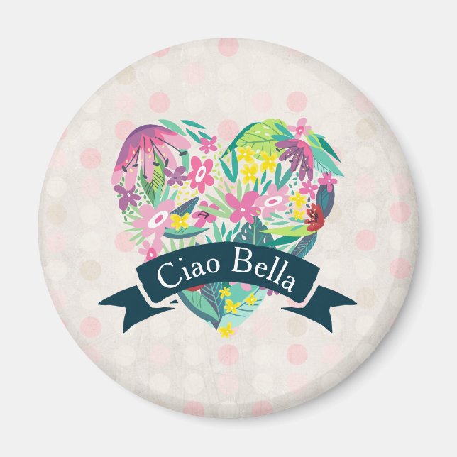 Ciao Bella Cute Floral Heart on Pink Circles Magnet (Front)