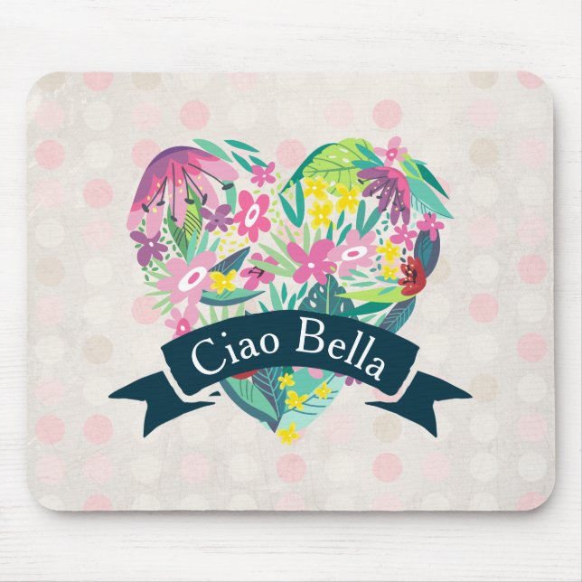 Ciao Bella Cute Floral Heart on Pink Circles Mouse Pad (Front)
