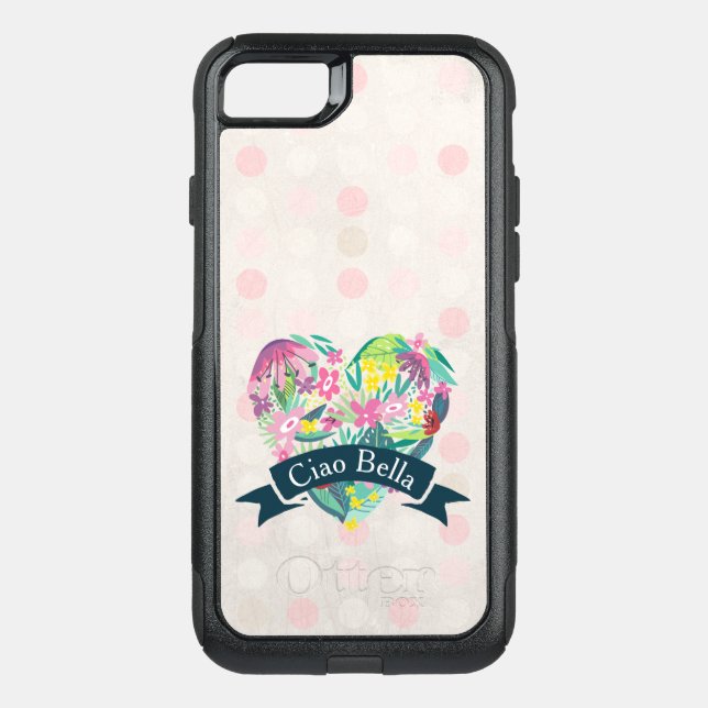 Ciao Bella Cute Floral Heart on Pink Circles Otterbox iPhone Case (Back)