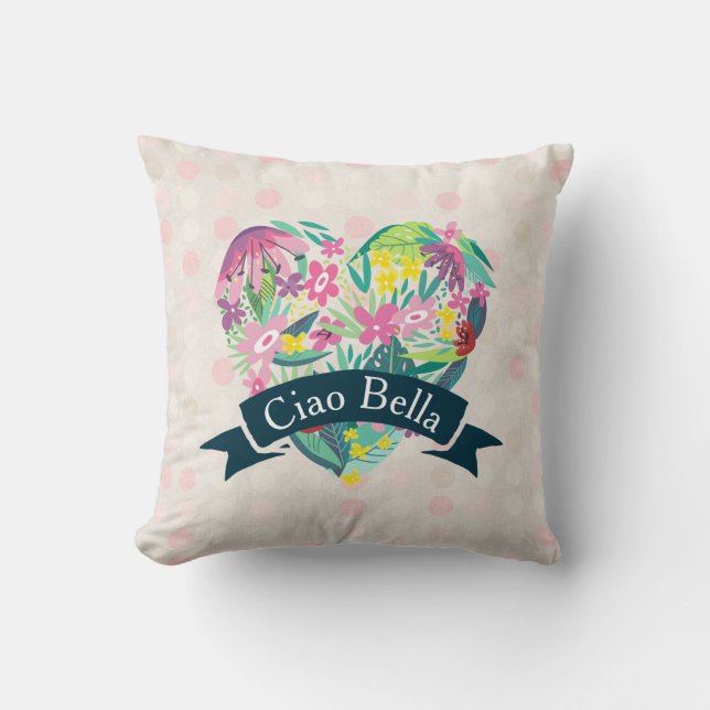 Ciao Bella Cute Floral Heart on Pink Circles Throw Pillow (Front)
