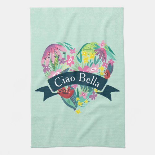 Ciao Bella Cute Floral Heart with Tropical Flowers Kitchen Towel