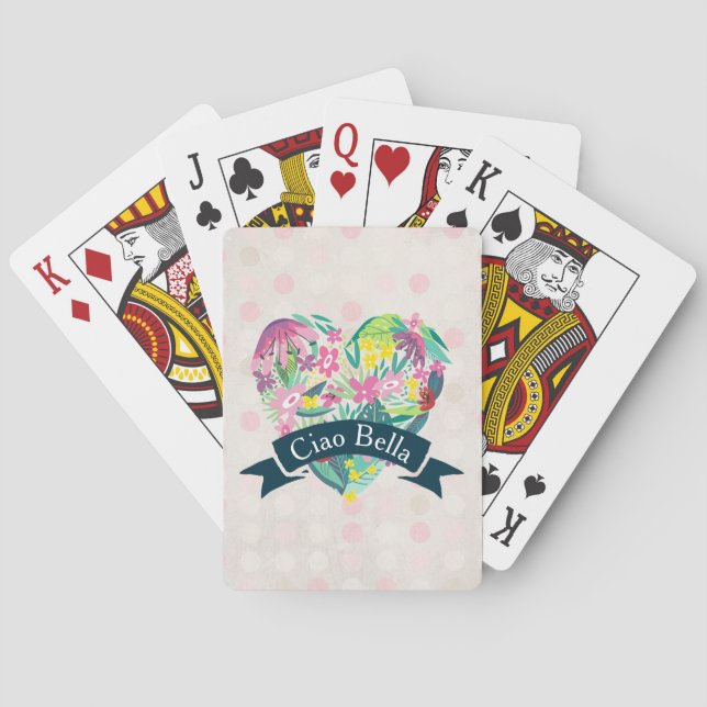 Ciao Bella Cute Floral Heart with Tropical Flowers Poker Cards (Back)