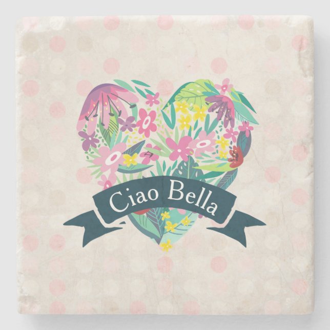 Ciao Bella Cute Floral Heart with Tropical Flowers Stone Coaster (Front)