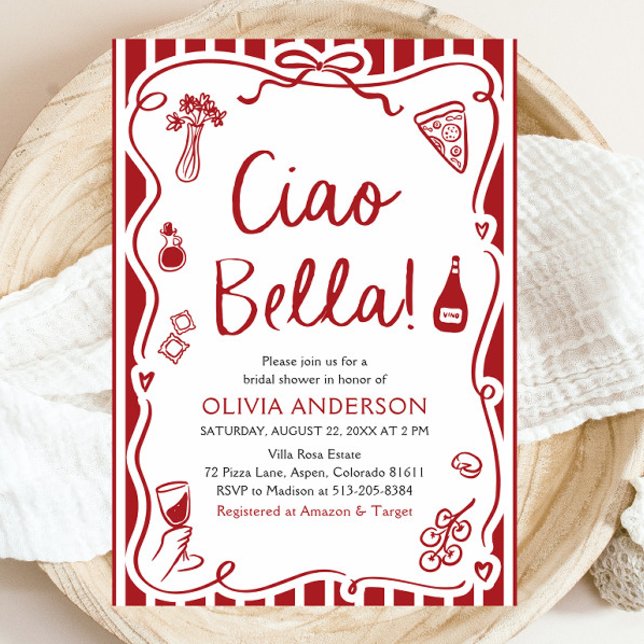 Ciao Bella Hand Drawn Italian Pizza Bridal Shower Invitation (Watercolor Ciao Bella Hand Drawn Italian Pizza Pasta Wine Bridal Shower Invitation)