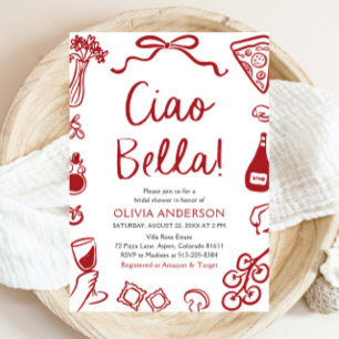 Ciao Bella Hand Drawn Italian Pizza Bridal Shower Invitation