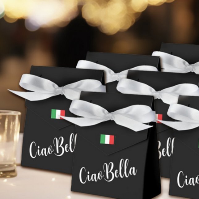 Ciao Bella Italian Elegant Script Black  Favor Boxes (Ciao Bella Black Favor Box with Custom Wording on Back for Bridal Showers, Spa, Bachelorette Party)