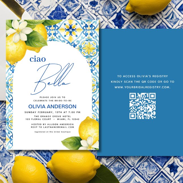 Ciao Bella Italian Lemon QR Code Bridal Shower Invitation (Creator Uploaded)