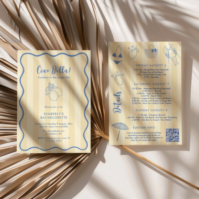 Ciao Bella Squiggle Border Bachelorette Weekend Invitation (Ciao Bella Yellow Stripes Blue hand-drawn doodles lemons amalfi bachelorette weekend invitation)