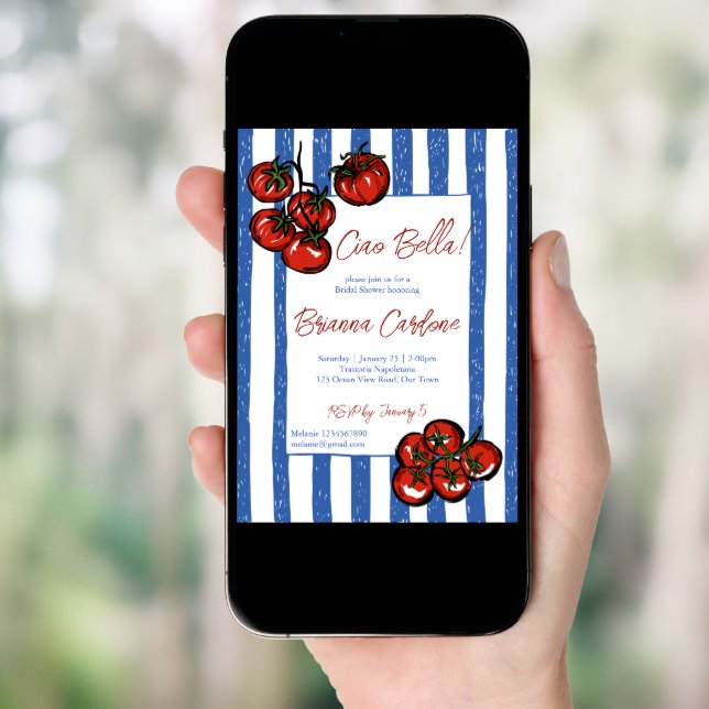 Ciao bella tomato blue Italian bridal shower Invitation (Front Digital)