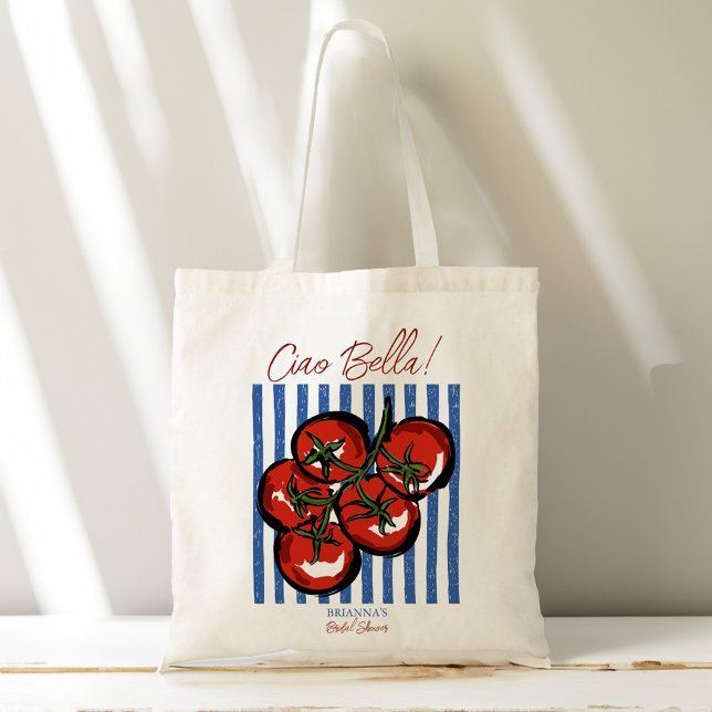 Ciao bella tomato Italian bridal shower favor gift Tote Bag (Ciao bella tomatoes blue stripes Italian bridal shower favors personalized Tote Bag bridesmaid gifts)