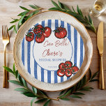Ciao bella tomato stripes Italian bridal shower Paper Plates<br><div class="desc">Ciao baby Little tomato blue stripes Italian bridal shower personalized paper plates template,  farmers market bridal shower printed paper plates,  Italian bridal shower personalized table decor,  cherry tomato bridal shower paper plates,  hand drawn tomatoes ,  grand millennial bridal shower party supplies</div>
