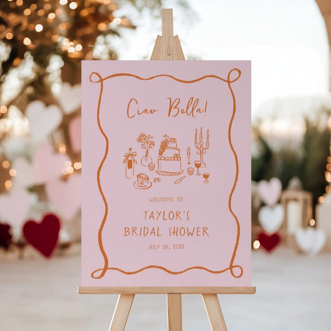 Ciao Bella Whimsical Doodles Bridal Shower Welcome Foam Board (Ciao Bella pink bridal shower welcome sign)