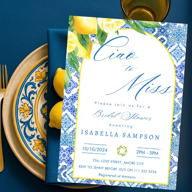 Ciao to Miss Lemon Blue Tiles Italy Bridal Shower Invitation (Ciao to Miss Lemon Blue Tiles Italy Bridal Shower Invitation)