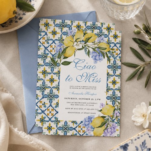 Ciao To Miss Lemon Italy Blue Tiles Bridal Shower Invitation