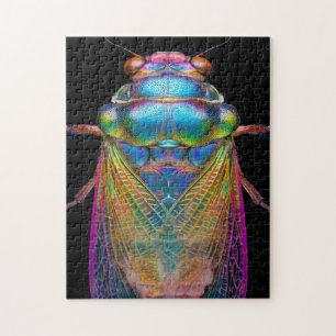 Cicada in iridescent colors on black jigsaw puzzle