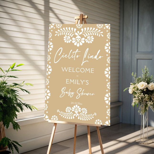 Cielito lindo beige baby shower welcome sign (Cielito lindo beige Mexican fiesta papel picado baby shower welcome sign board personalized decor)