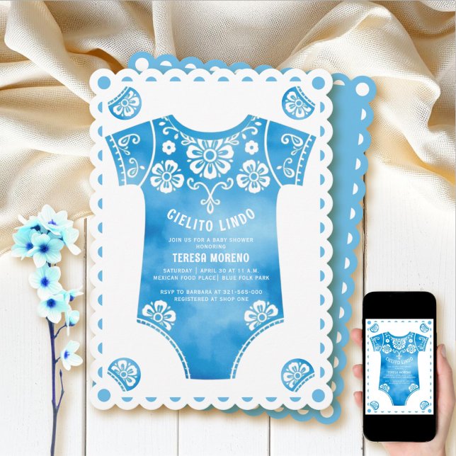 Cielito Lindo blue bodysuit boy baby shower Invitation (Creator Uploaded)