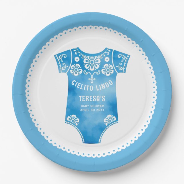 Cielito Lindo blue bodysuit boy baby shower Paper Plates (Front)