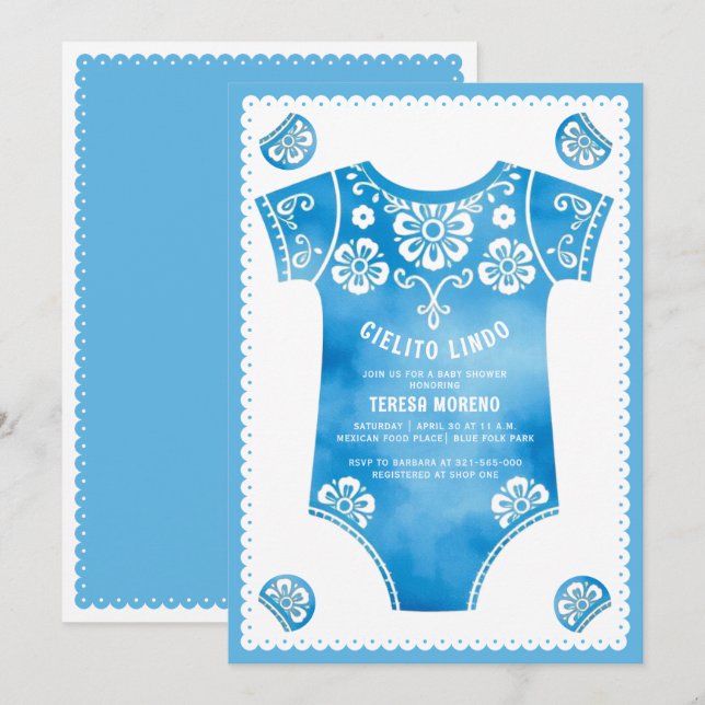 Cielito Lindo cute blue bodysuit boy baby shower Invitation (Front/Back)